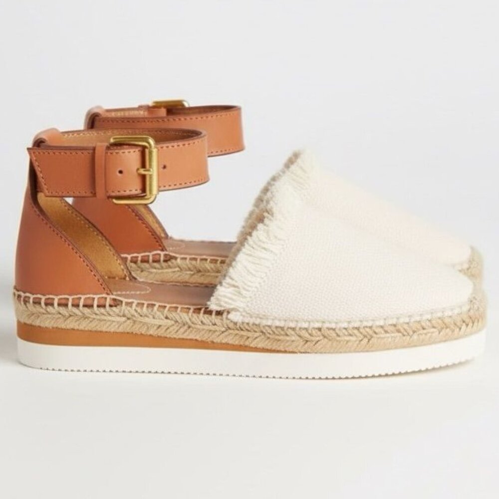See by Chloe Ankle Strap Platform Espadrilles Natural Canvas Sz 8